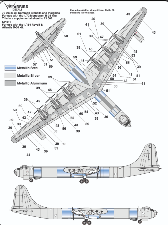 Warbird B-36 Peacemaker Decals 1/144 07 Stencils, Silver Screen SAC Option Plus 3
