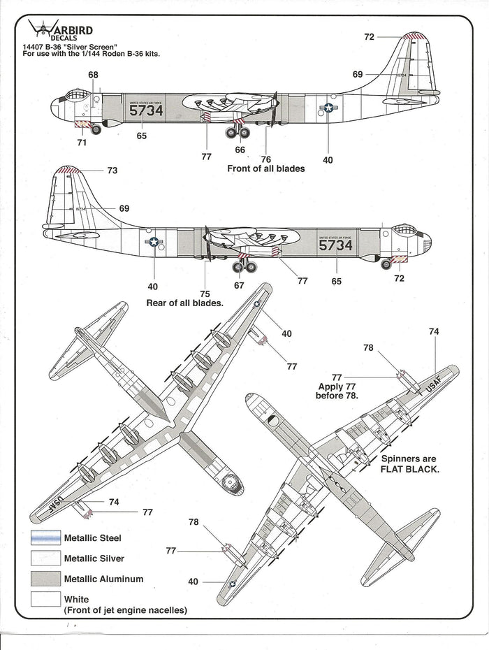 Warbird B-36 Peacemaker Decals 1/144 07 Stencils, Silver Screen SAC Option Plus 3