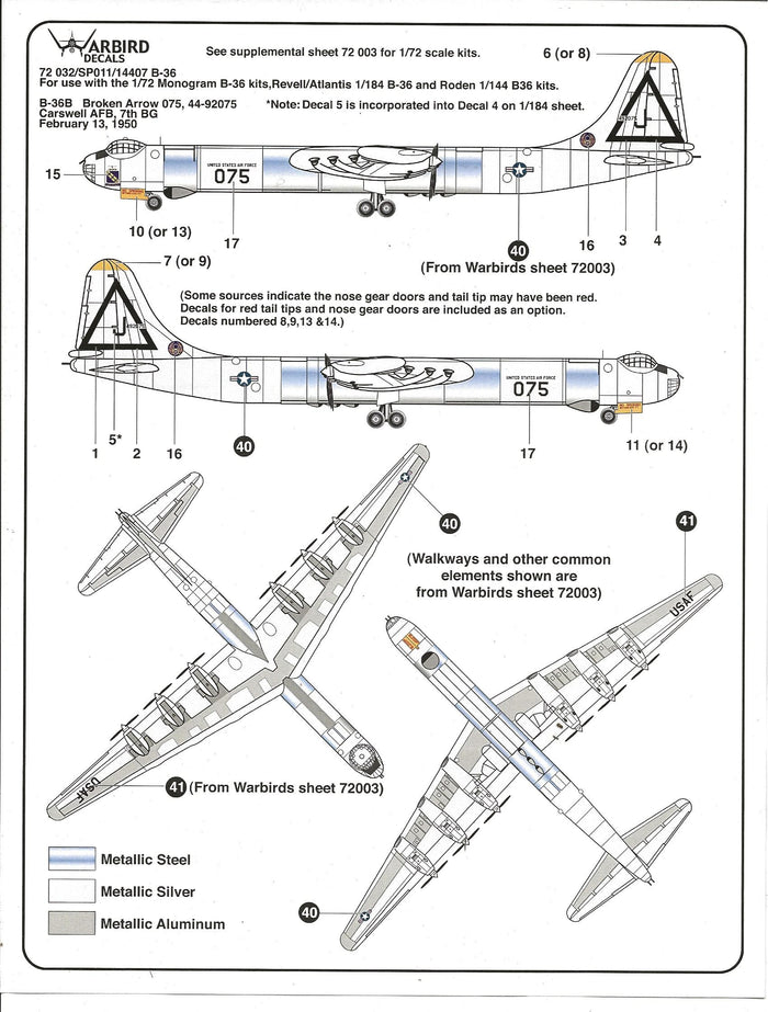 Warbird B-36 Peacemaker Decals 1/144 07 Stencils, Silver Screen SAC Option Plus 3