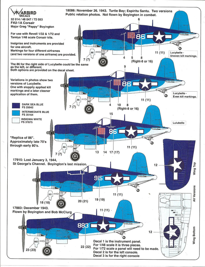 Warbird F4U-1A Corsair Decals 1/32 014 Greg 'Pappy' Boyington Aircraft, VMF-214