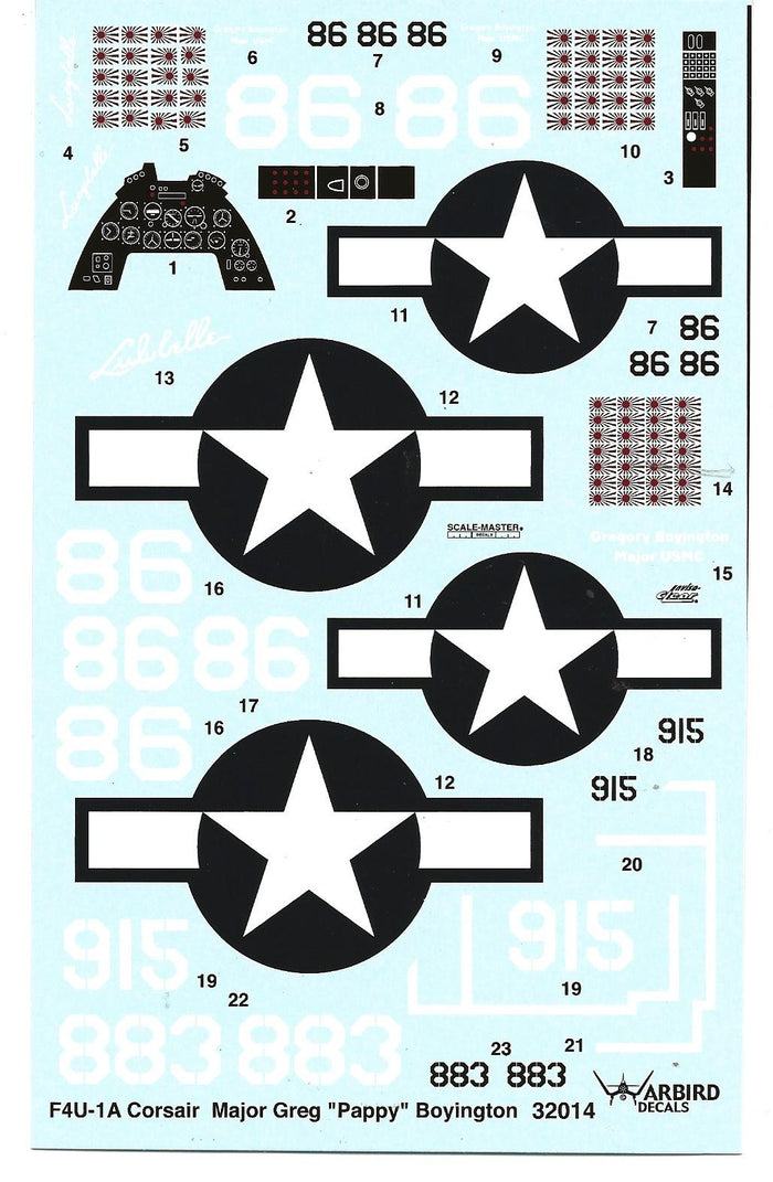Warbird F4U-1A Corsair Decals 1/32 014 Greg 'Pappy' Boyington Aircraft, VMF-214