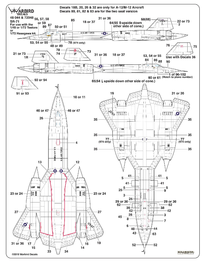 Warbird SR-71 Blackbird Common Markings/ Stencil/ Data Decals 1/48 044 w/ Multi- Options
