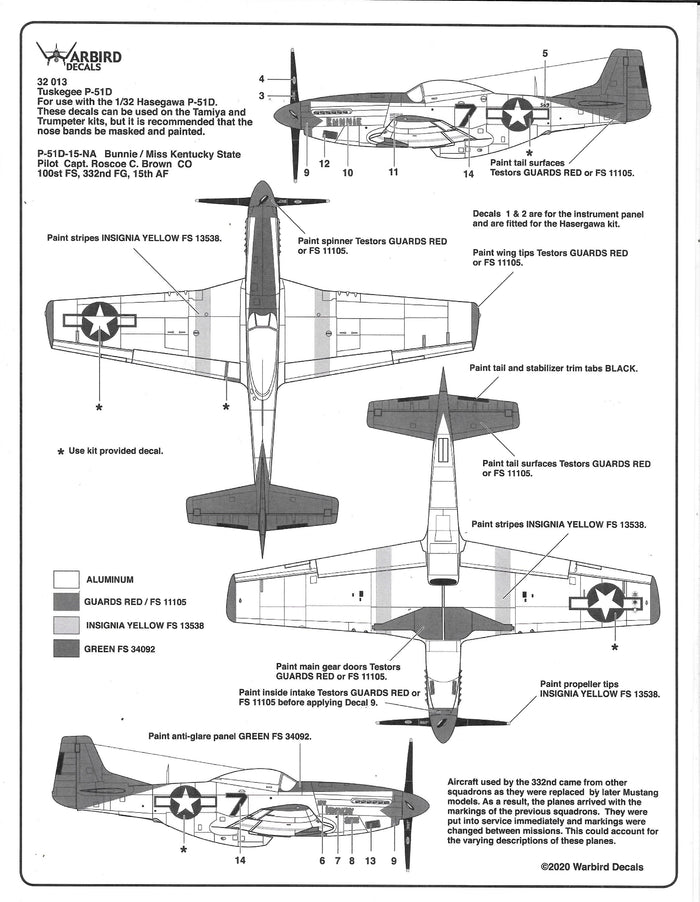 Warbird Tuskegee P-51D Mustang Decals 1/32 013, 332nd FG Part III, 6 Options