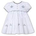 White With Navy Puff Sleeve Smocked Dress