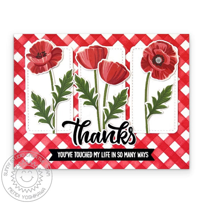 Sunny Studio Red Gingham Poppy Poppies You've Touched My Life Thank You Card using Words of Gratitude Clear Craft Stamps