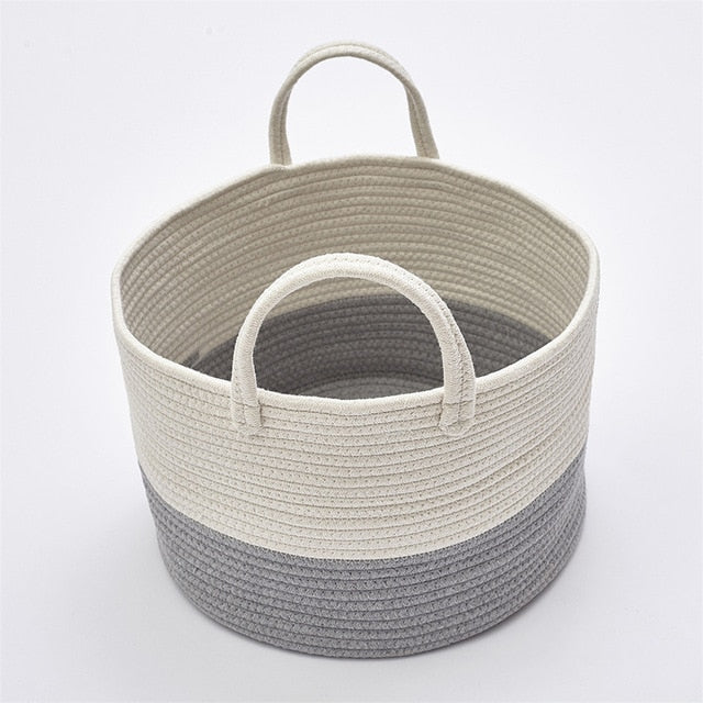 Woven Cotton Rope Storage Basket with Pom-Poms - Cozy Nursery
