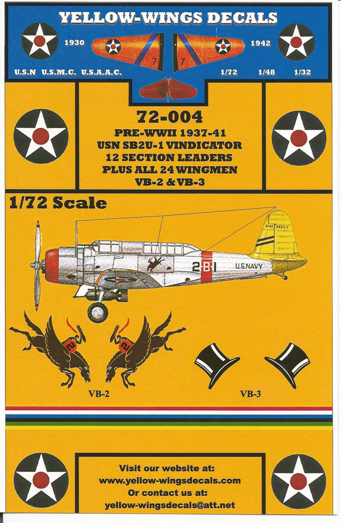 Yellow Wings Pre WWII USN SB2U-1 Vindicator Decals 1/72 004, VB-2 and VB-3