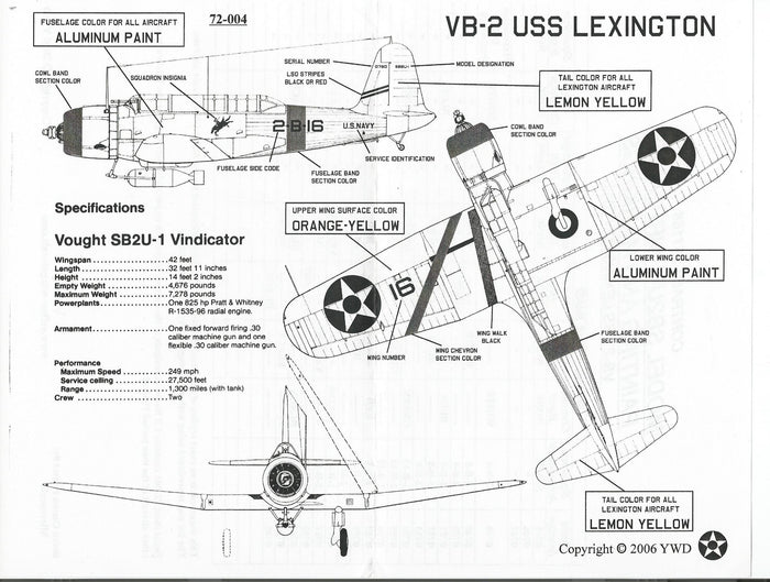 Yellow Wings Pre WWII USN SB2U-1 Vindicator Decals 1/72 004, VB-2 and VB-3