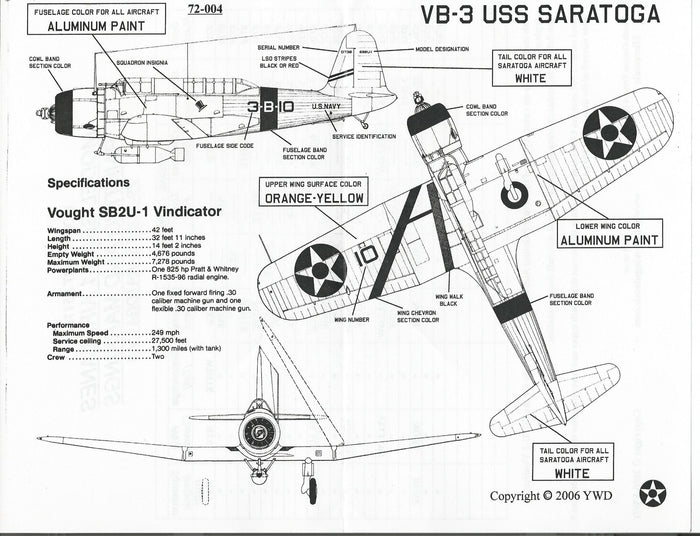 Yellow Wings Pre WWII USN SB2U-1 Vindicator Decals 1/72 004, VB-2 and VB-3