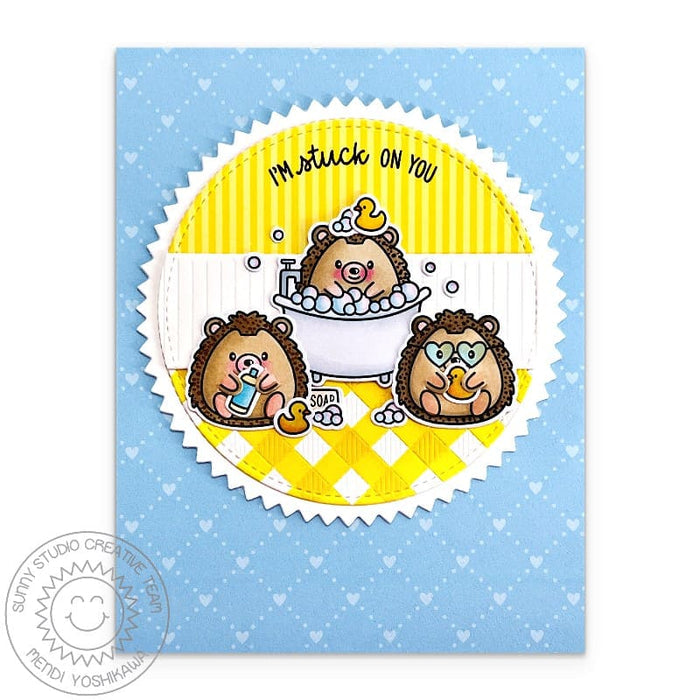 Sunny Studio Stamps Yellow Gingham Hedgehogs & Rubber Ducky in Bathtub Tub Card using Zig Zag Circles Metal Cutting Craft Die