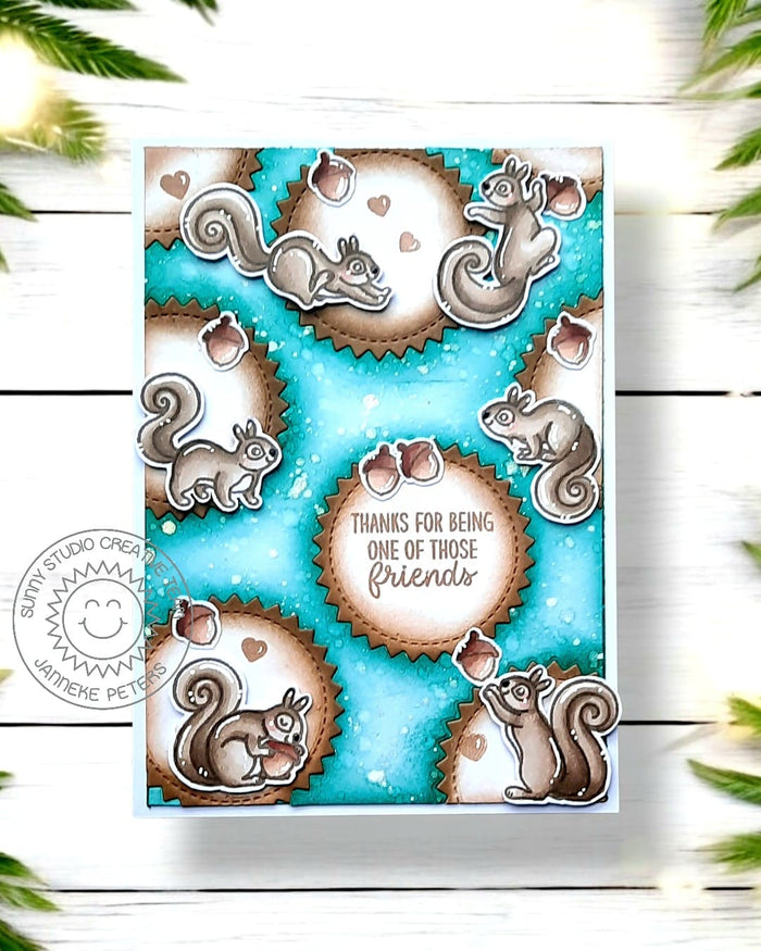 Sunny Studio Stamps Aqua & Brown Circle Squirrel Friends Friendship Card using Zig-Zag Circles Metal Cutting Craft Dies