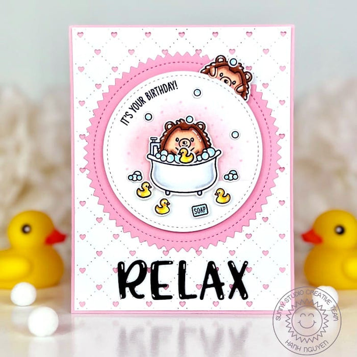 Sunny Studio Stamps Relax on your Birthday Hedgehog in Bubble Bath Pink Handmade Card using Zig Zag Circles Metal Craft Dies